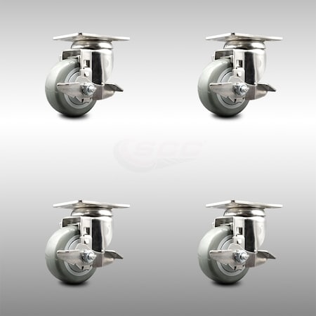 Service Caster 3.5 Inch 316SS Gray Polyurethane Wheel Swivel Top Plate Caster Set with Brake SCC-SS31620S3514-PPUB-TLB-4